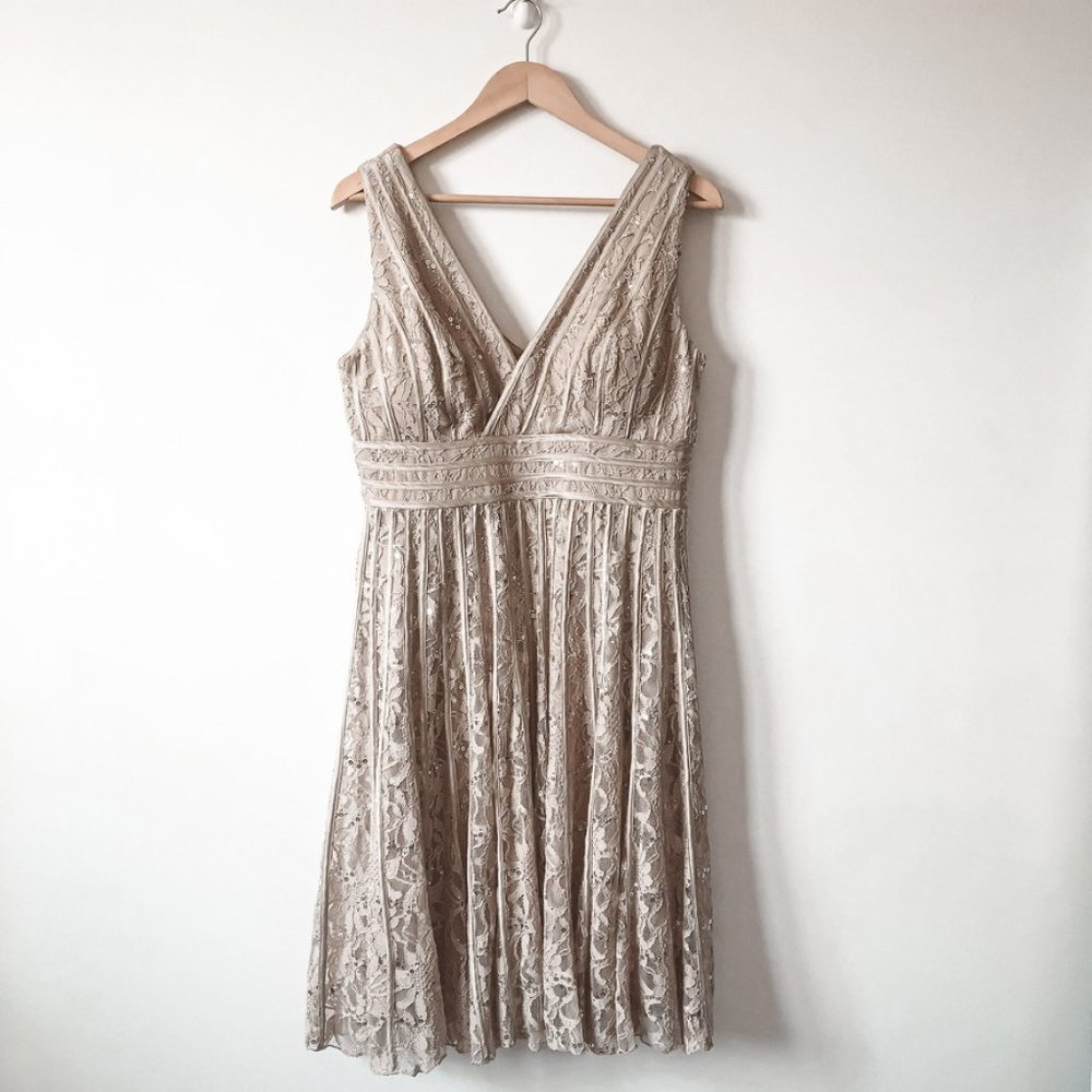 JS Collections Nude Sequin Lace V Neck Dress Sz 12